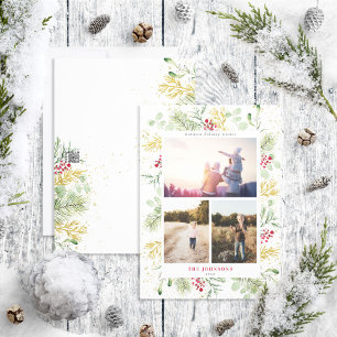 Guld Winter Botanical 3 Photo Helgdag Card Julkort