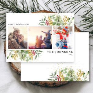Guld Winter botanical Greenery Berries Photo Holid Julkort