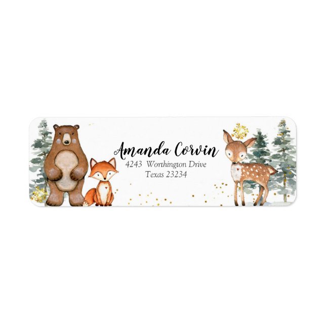 Guld Winter Forest Woodland Address Label Returadress Etikett (Framsidan)