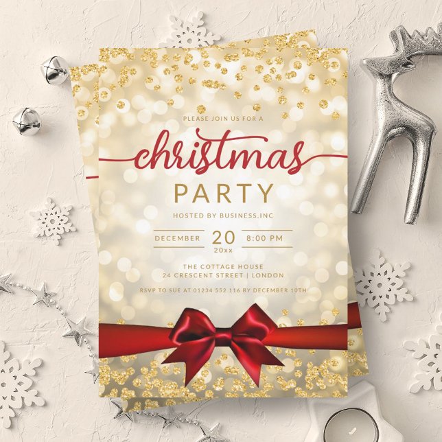 Guld Winter Glam Company Julafton Red Ribbon Inbjudningar (Gold Winter Glam Company Xmas Red Ribbon Invitation)