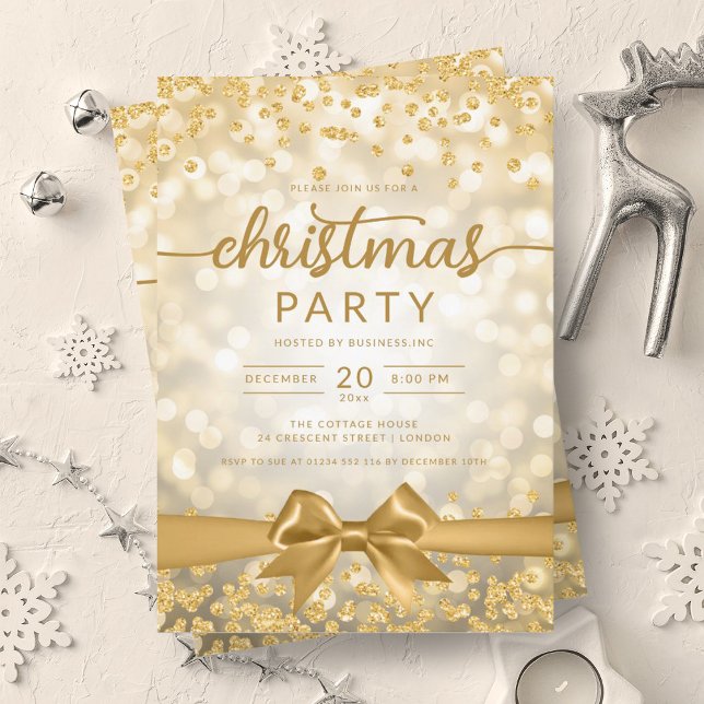 Guld Winter Glam Company Julafton Ribbon Inbjudningar (Gold Winter Glam Company Xmas Ribbon Invitation)