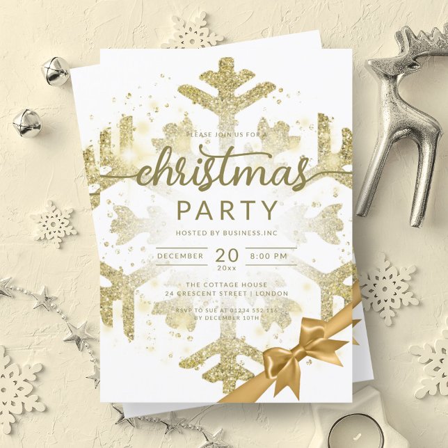 Guld Winter Glitter Snö Company jul Ribbon Inbjudningar (Gold Winter Glitter Snow Company Christmas Ribbon Invitation)