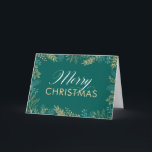 Guld Winter Greenery Teal julkort Helgkort<br><div class="desc">Julkortet i elegant är ett underbart sätt att skicka en Julhälsningar till familj och vänner. På framsidan finns guld helgdag grönt på mörkens baksida. Eleganten lyder "God jul". Lägg till ditt eget anpassningsbar-meddelande på insidan eller användan i det exempelmeddelande som visas.</div>