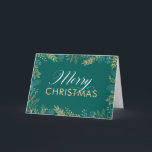 Guld Winter Greenery Teal julkort Helgkort<br><div class="desc">Julkortet i elegant är ett underbart sätt att skicka en Julhälsningar till familj och vänner. På framsidan finns guld helgdag grönt på mörkens baksida. Eleganten lyder "God jul". Lägg till ditt eget anpassningsbar-meddelande på insidan eller användan i det exempelmeddelande som visas.</div>