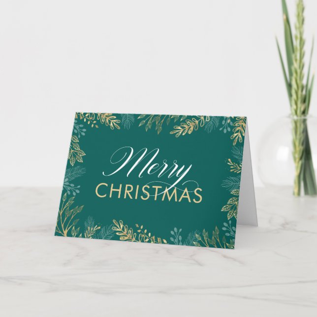 Guld Winter Greenery Teal julkort Helgkort (Framsida)