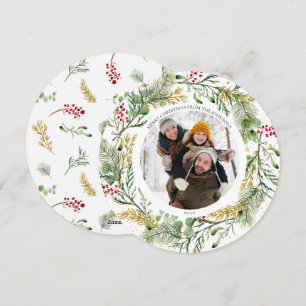 Guld Winter Greenery Wandery Round Photo Helgdag Julkort