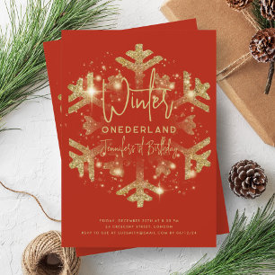 Guld Winter ONEDERLAND 1:a födelsedagen Glitter Re Inbjudningar