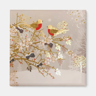 Guld Winter Snö Birds Land jul Magnet