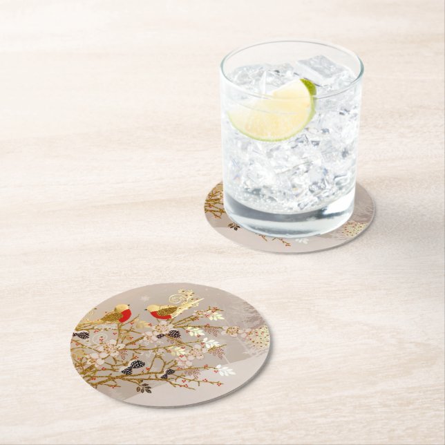 Guld Winter Snö Birds Land jul Underlägg Papper Rund (Insitu)