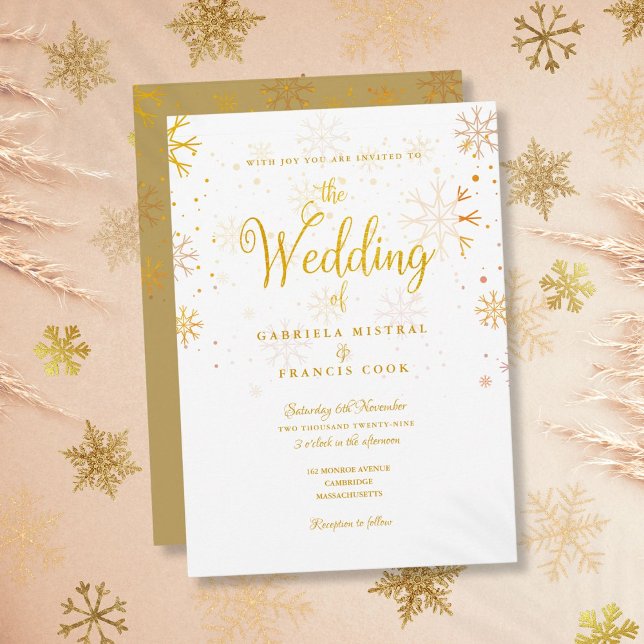 Guld Winter Snöflingor Elegant Script Bröllop Inbjudningar (Gold Winter Snowflakes Elegant Script Wedding Invitation)