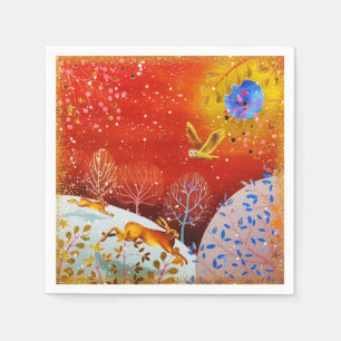 Guld Winter Woodland Rabbit Uggla Watercolor Pappersservett