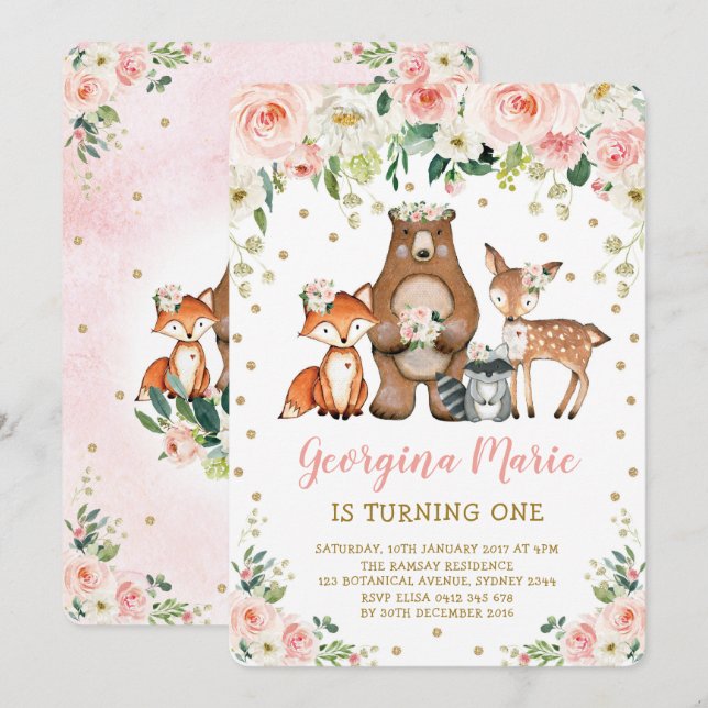  Guld Woodland Animals Girly Blommigt Birthday Inbjudningar (Fram/baksida)