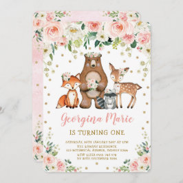  Guld Woodland Animals Girly Blommigt Birthday Inbjudningar