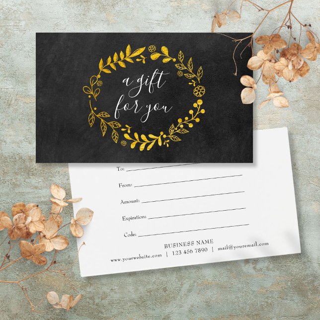 Guld Woodland Garland Chalkboard Gift Certificate Visitkort (Gold Woodland Garland Chalkboard Gift Certificate)