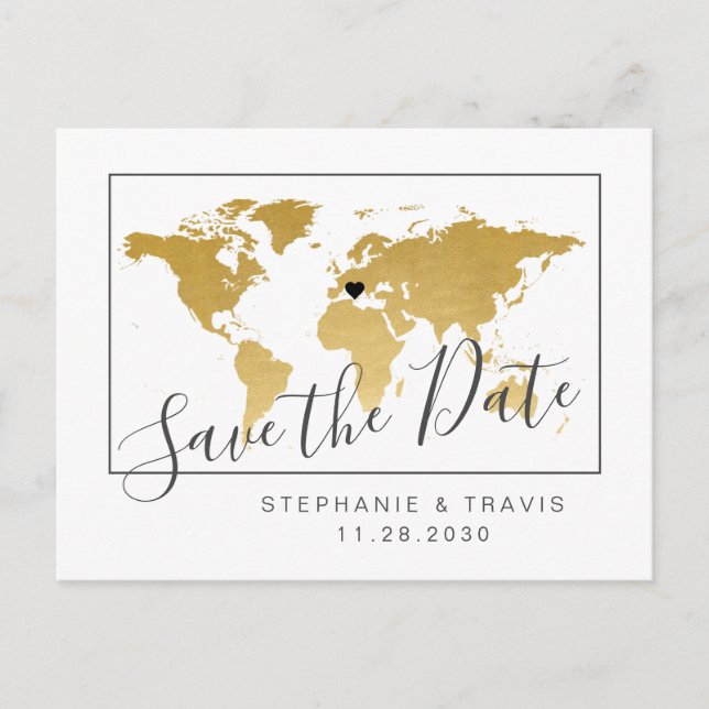 Guld World Map Minimal Save the Date Postcard Meddelande Vykort (Framsida)