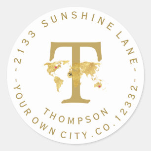 Guld World Map Monogram Circular Address Label Runt Klistermärke