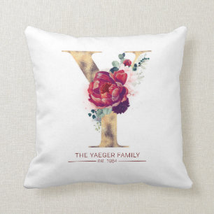 Guld Y Monogram Blommigt Burgundy Red Kudde