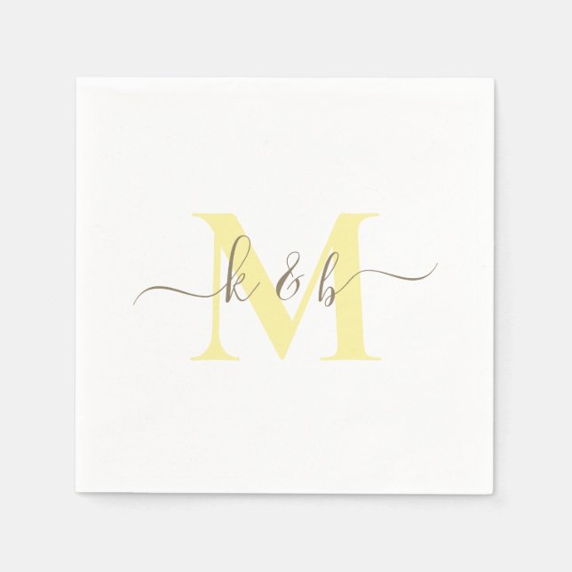 Guld & YellowMonogram Swash Script White Cocktail Pappersservett (Framsidan)