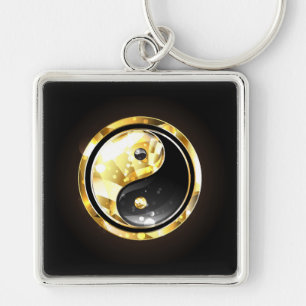 Guld Yin Yang på svart Fyrkantig Silverfärgad Nyckelring