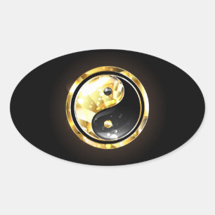 Guld Yin Yang på svart Ovalt Klistermärke
