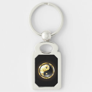 Guld Yin Yang på svart Rektangulärt Silverfärgad Nyckelring
