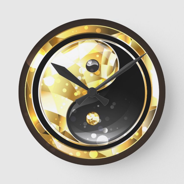 Guld Yin Yang på svart Rund Klocka (Framsida)