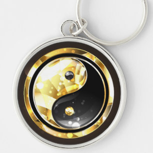 Guld Yin Yang på svart Rund Silverfärgad Nyckelring