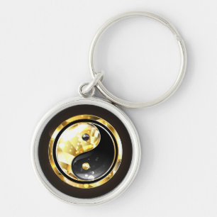 Guld Yin Yang på svart Rund Silverfärgad Nyckelring