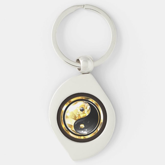 Guld Yin Yang på svart Swirl Silverfärgad Nyckelring (Framsidan)