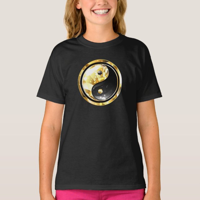 Guld Yin Yang på svart T Shirt (Framsida)