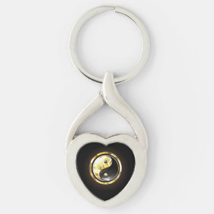 Guld Yin Yang på svart Twisted Heart Silverfärgad Nyckelring