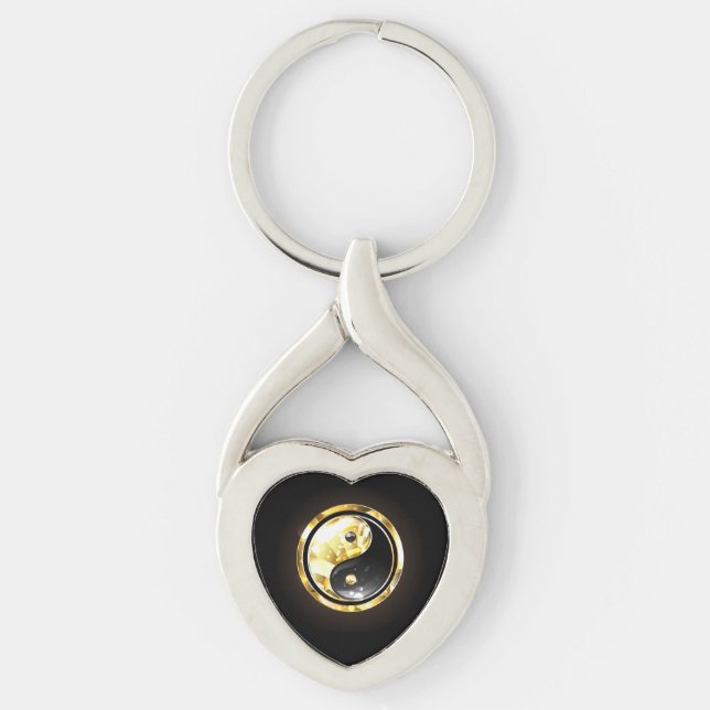 Guld Yin Yang på svart Twisted Heart Silverfärgad Nyckelring (Framsidan)