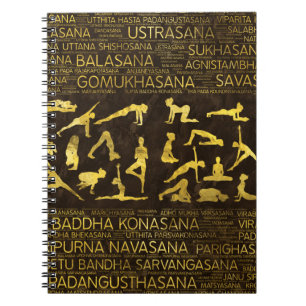 Guld- Yoga Asanas/poserar Sanskrit ordkonst Anteckningsbok