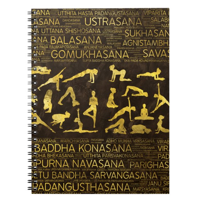 Guld- Yoga Asanas/poserar Sanskrit ordkonst Anteckningsbok (Framsidan)