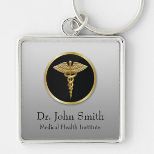 Guld- yrkesmässig medicinsk Caduceus - Keychain Fyrkantig Silverfärgad Nyckelring