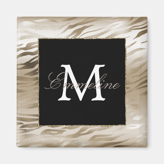 Guld Zebra Animal Print Monogram Magnet (Framsidan)
