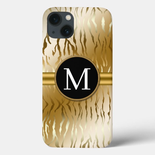 Guld Zebra Rand med Monogram iPhone 13 Fodral (Baksida)
