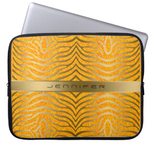 Guld Zebra ränder med Orange Glitter i bakgrunden Laptop Sleeve