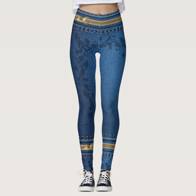 Guld Zipper Blue Jean Leggings (Framsida)