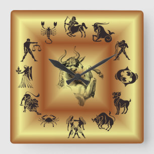 Guld Zodiak ~ Astrologiska tecken ~ Oxen ~ Fyrkantig Klocka