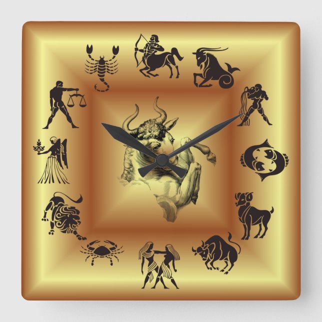 Guld  Zodiak ~ Astrologiska tecken ~ Oxen ~ Fyrkantig Klocka (Framsida)