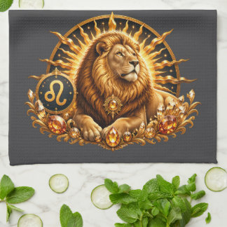 Guld Zodiakstecken Lejon Med Ädelstenar Grå Kökshandduk