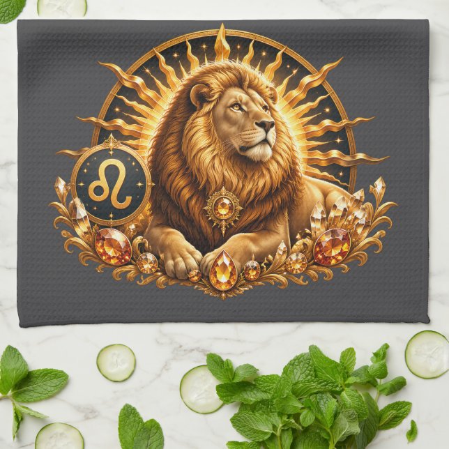 Guld Zodiakstecken Lejon Med Ädelstenar Grå Kökshandduk (Vikta)