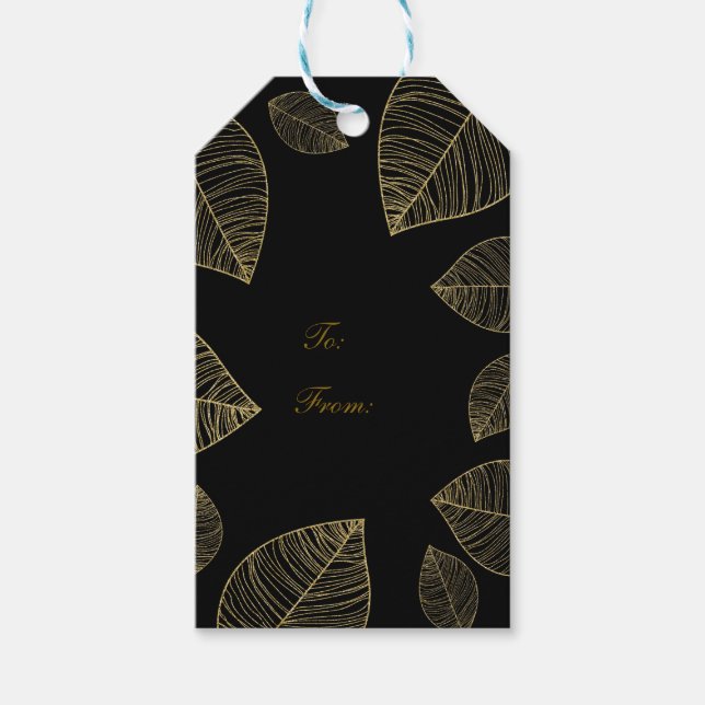 Gulda blad på svart elegant bröllopsfest presentetikett (Framsidan)