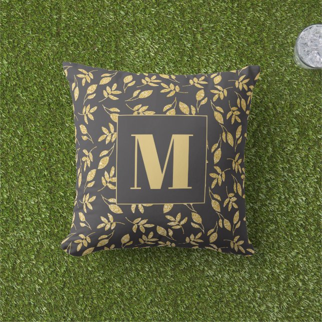 Gulda blad Svart Monogram Modern Stilfull  Kudde (Gräs)
