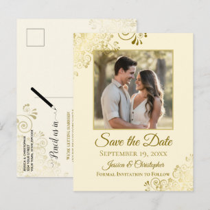 Gulda detaljer på krämfärgad vigsel "Save the Date Meddelande Vykort