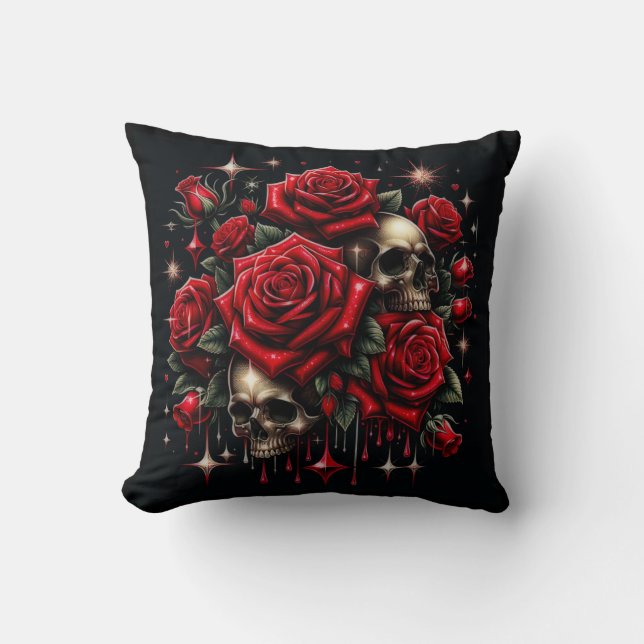 Gulda Dödskallar & Röda Rosor Gnistrar Gothic Glam Kudde (Framsida)