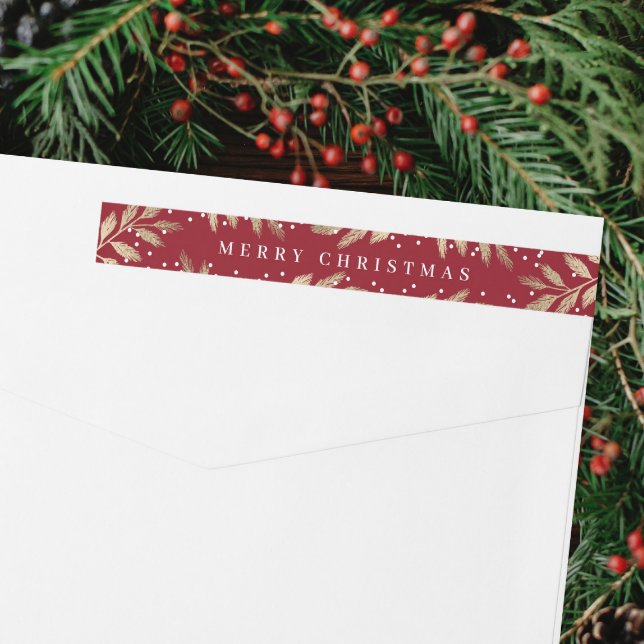 Gulda grenar julkort returadress etikettband (Elegant red and gold branch merry christmas card return address label.)