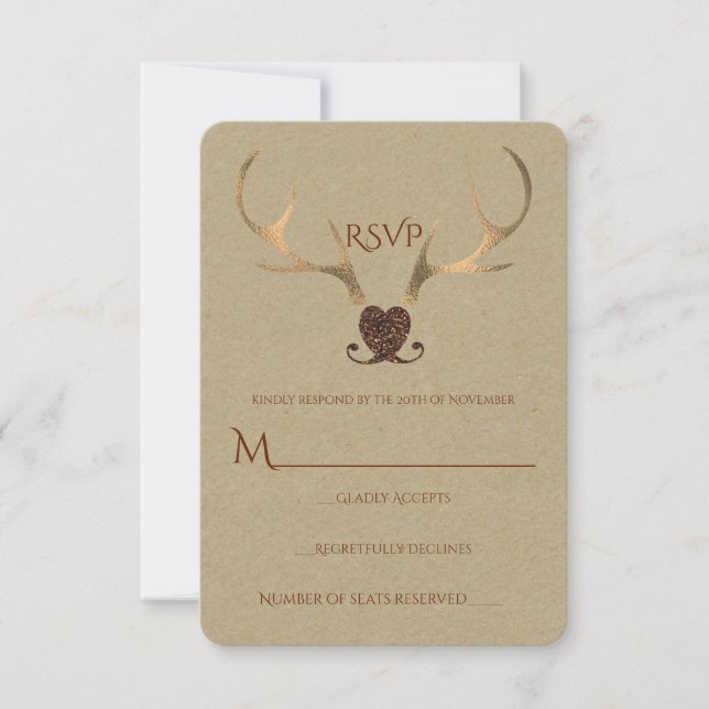 Gulda hjorthorn & Brunpapper Rustik Wedding RSVP OSA Kort (Framsida)
