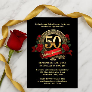 Gulda Jubileum Svarta & Röda Rosor 50-årsjubileum Inbjudningar